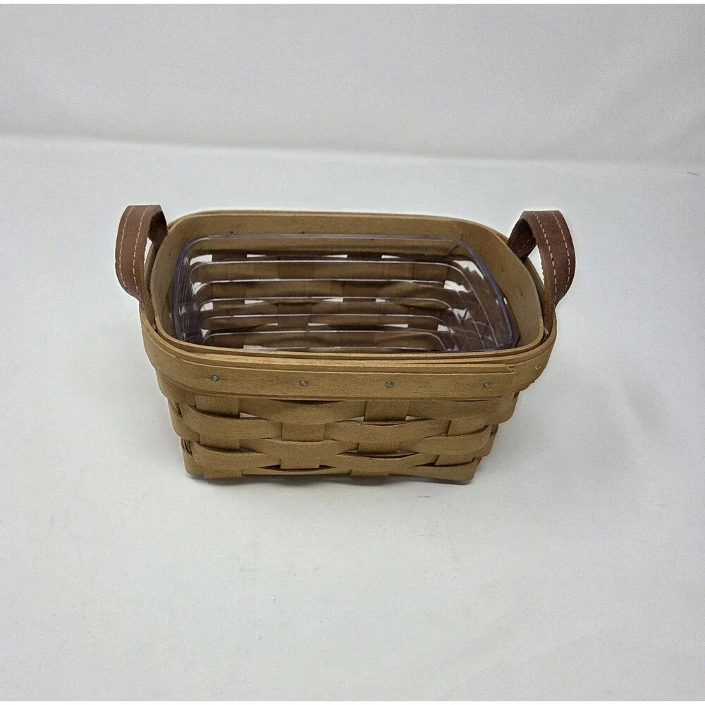 Longaberger 2003 Small Handwoven Basket Leather Handles Plastic‎ Protector EUC